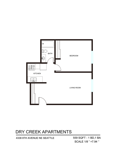 Floor plan for 1 bed, 1 bath, 504 sqft